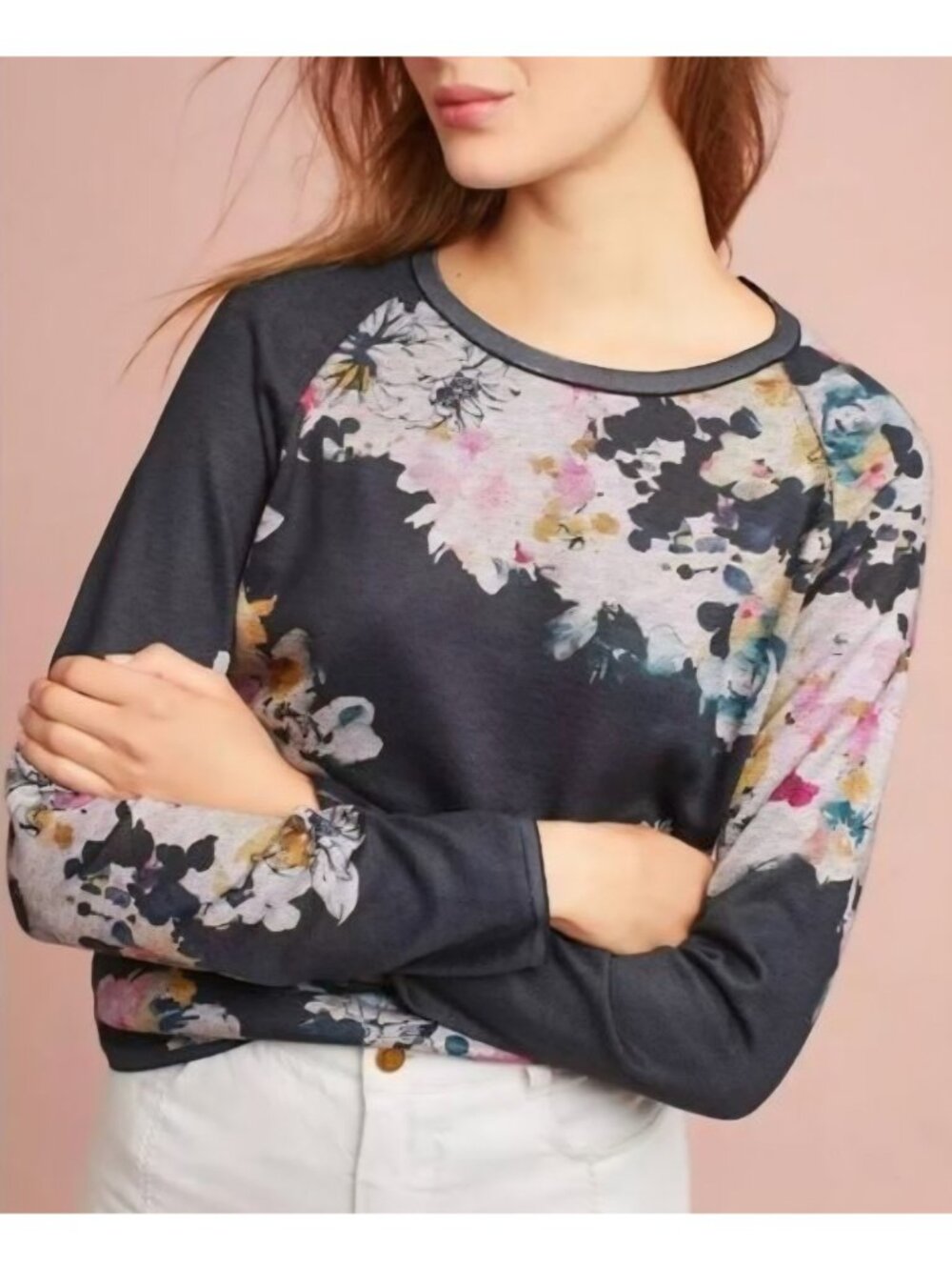 Maeve Anthropologie Ramya Charcoal Black Floral Pullover Sweater Sweatshirt